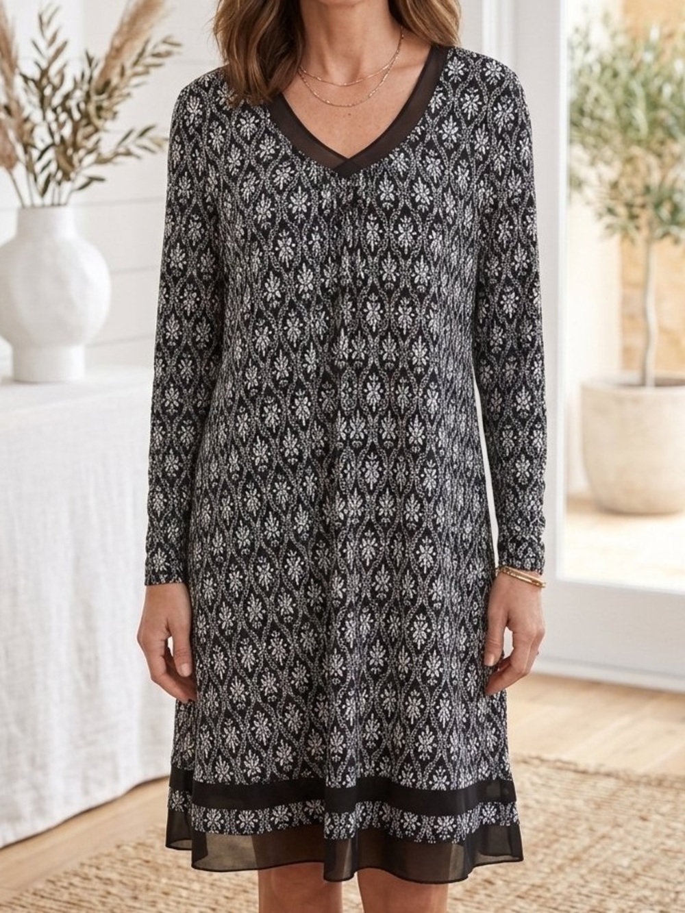 Anne Klein Black White Geometric Floral Knit High Low Midi Dress Long Sleeve